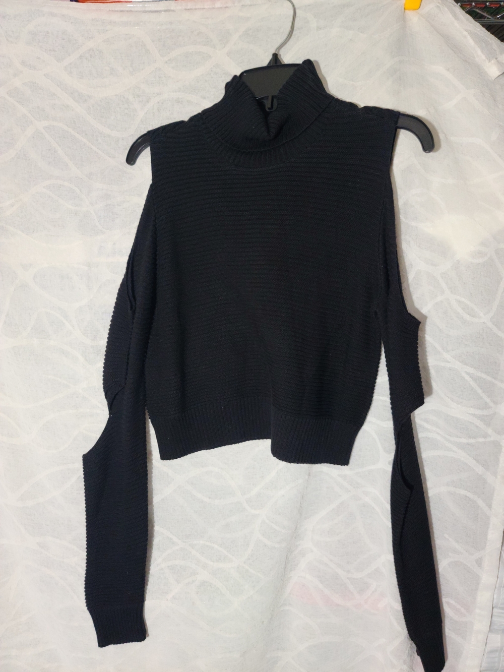 BCBGeneration Black Cold-Shoulder Cropped Turtleneck Sweater